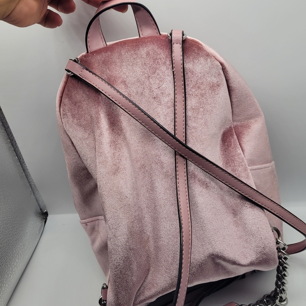 VICTORIA SECRET BACKPACK DUSTY ROSE VELOUR SHIMMER/CHAIN ACCENTS Zip Pockets - Picture 3 of 14
